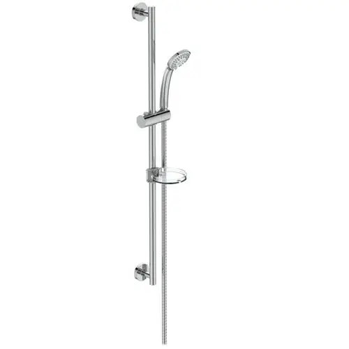 Brausekombination von Ideal Standard mit einem verchromten Halter, einer Handbrause und einer Ablage, montiert an einer vertikalen Stange.